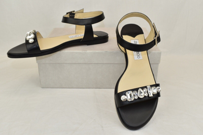 Pre-owned Jimmy Choo City Onpa Black Leather Ankle Strap Jeweled Sandals Flats 39