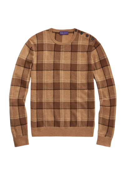Pre-owned Ralph Lauren Purple Label Camel Plaid Cashmere Crewneck Sweater $1495 In Beige