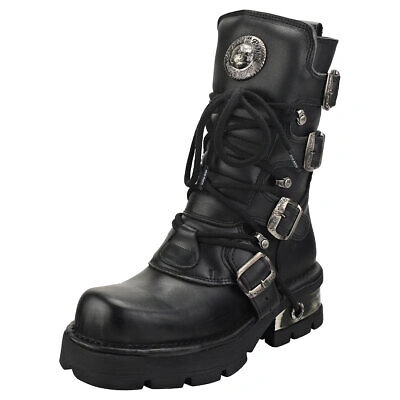 Pre-owned New Rock Rock Block-heel In Metal-look Unisex Black Platform Boots
