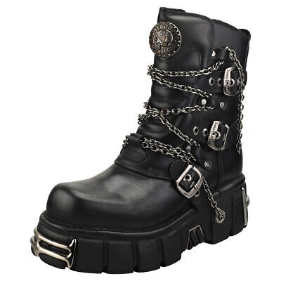 Pre-owned New Rock Rock Straps And Chains Unisex Black Platform Boots