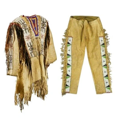 Pre-owned Style Old  Beige Buckskin Suede Hide Beaded Fringe Powwow War Shirt & Pant Native