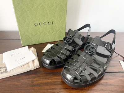 Pre-owned Gucci 674132 Men's Black Rubber Shiny Sandals Shoe,  Sz 8, 9, 10