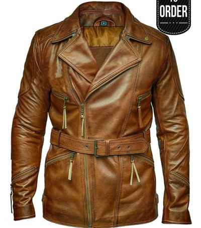 Pre-owned Vintage Double Breasted Leather Jacket, Sheepskin, Military, Men Leather Coat In Brown