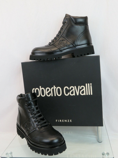 Pre-owned Roberto Cavalli Black Leather Logo Lace Up Combat Boots 44 /11 Italy