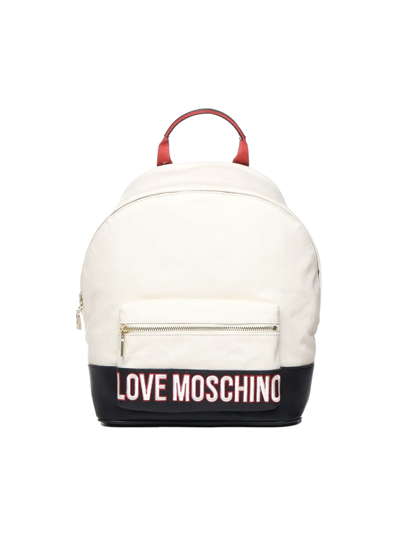 Love Moschino Logo Embroidered Zipped Backpack In White, Black, Red