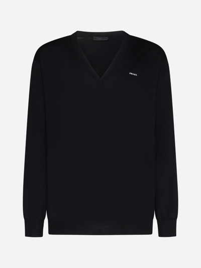 Prada Logo Cotton Sweater In Black