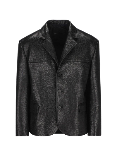 Prada Single-breasted Long-sleeved Leather Jacket In Nero