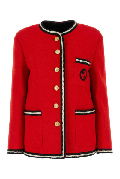 GUCCI LOGO EMBROIDERED TWEED BUTTON-UP JACKET