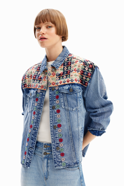 Desigual Embroidered Denim Trucker Jacket In Blue