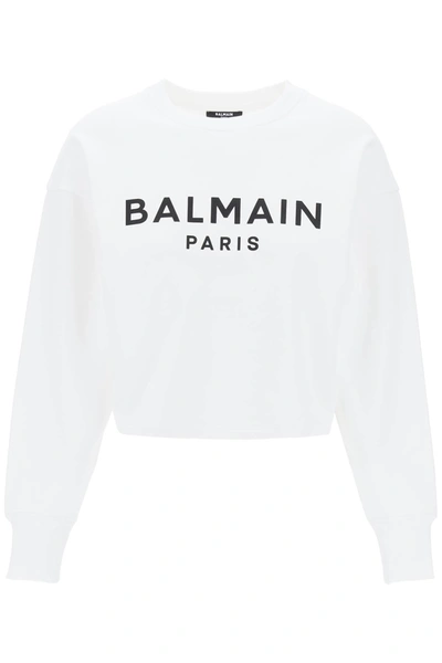 BALMAIN BALMAIN CROPPED SWEATSHIRT WITH FLOCKED LOGO