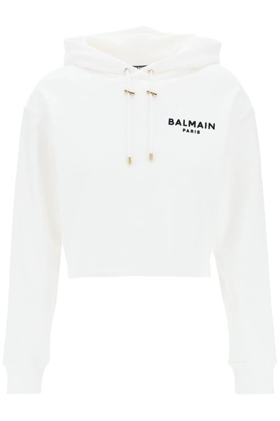 Balmain Cropped Hoodie With Flocked Logo In White