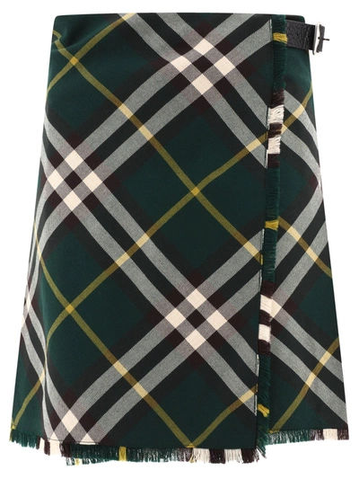 Burberry Check Wool Kilt In Green