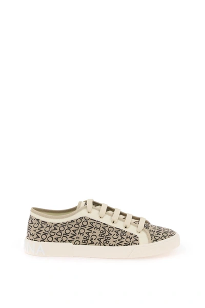 Dolce & Gabbana Portofino Vintage Printed Canvas Sneakers In Beige,black