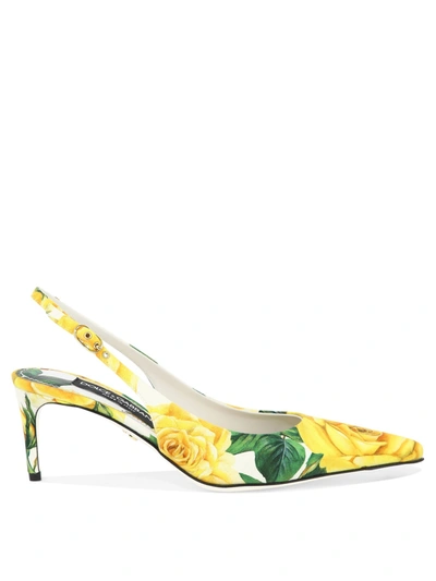 Dolce & Gabbana Floral-print Leather Slingback Pumps In Yellow