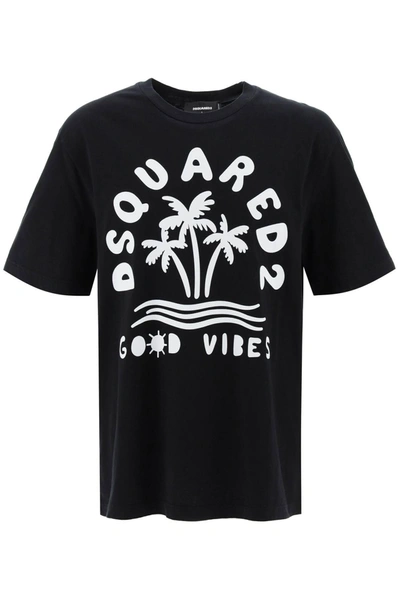 Dsquared2 Crew Neck Cotton T-shirt With Printed Logo In Black