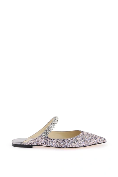 Jimmy Choo Bing Flat Crystal Strap Glitter Mules In Multicolor