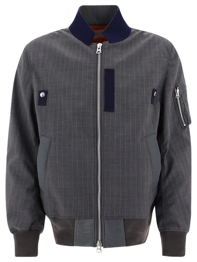 Sacai Pinstriped Bomber Jacket In Grey