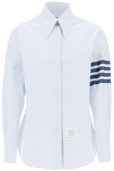 Thom Browne Striped Oxford Shirt With Pointed Collar In White,light Blue