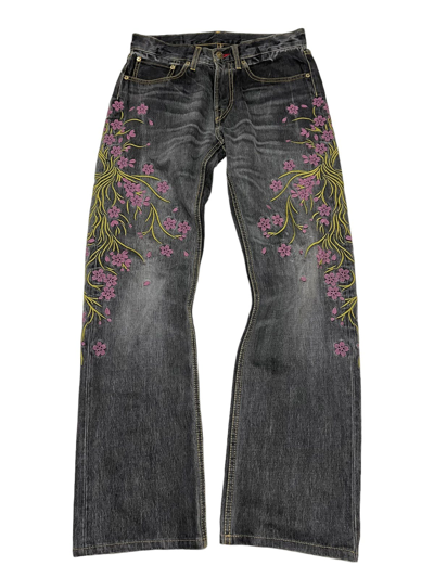 Pre-owned Archival Clothing X Eternal Japanese Sakura Emboidered Denim Pants In Washed Gray