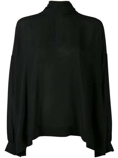 Balenciaga Tonal Jacquard Logo Tie Neck Silk Blouse In Black