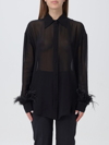Pinko 'circe' Black Semi-sheer Shirt With Feathers On Cuffs In Viscose Woman In Black