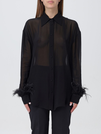 Pinko 'circe' Black Semi-sheer Shirt With Feathers On Cuffs In Viscose Woman