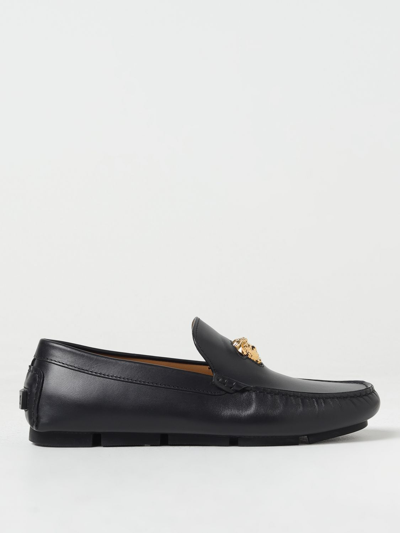 Versace Logo Plaque Leather Loafers In Black