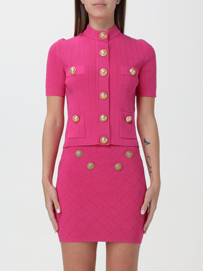 Balmain Embossed Buttons Knitted Cardigan In Fuchsia