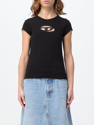 Diesel 't-angie' Black Crewneck T-shirt With Oval D Logo Embroidery On The Front In Cotton Stretch Woman