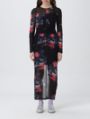 Ganni Printed Mesh O-neck Ruched Long Dress In Black