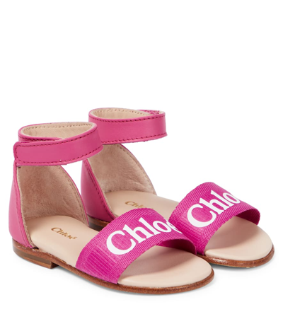 Chloé Baby Logo Leather And Canvas Sandals In Pink