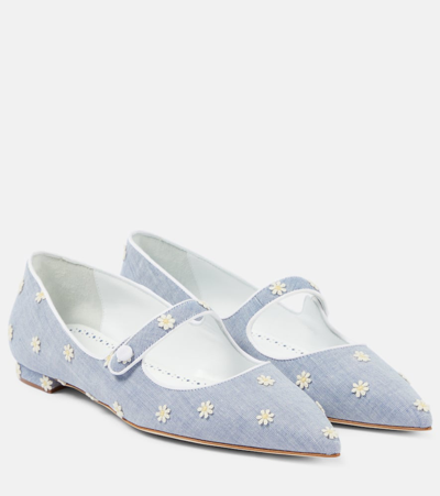 Manolo Blahnik Campari Embroidered Chambray Ballet Flats In Blue