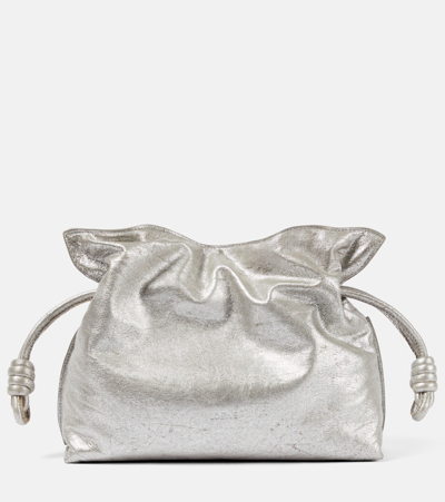 Loewe Metallic Leather Flamenco Clutch Bag In Silver