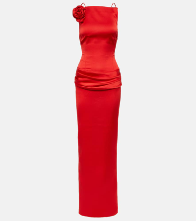 Rasario Floral-appliqué Open-back Satin Gown In Red
