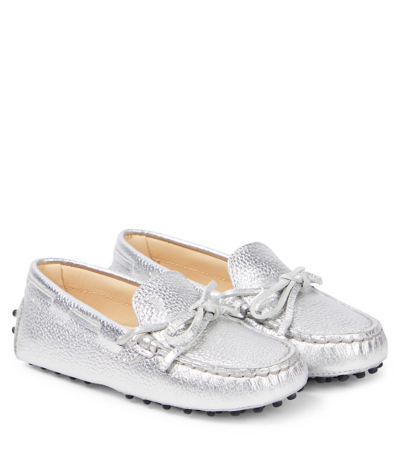 Tod's Junior Kids' Gommino Metallic Leather Loafers In Silver