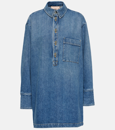 Plan C Denim Button-side Long-sleeve Collared Shirt In Indigo