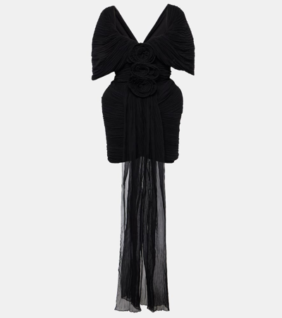 Magda Butrym Floral-appliqué Off-shoulder Silk Minidress In Black