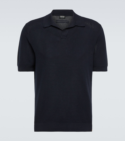 Zegna Cotton Piqué Polo Shirt In Blue Navy Unito