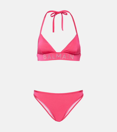 Balmain Logo Crystal-embellished Bikini In Pink