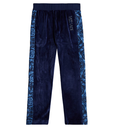 Versace Kids' Barocco Embellished Velvet Track Pants In Blue