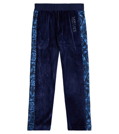 Versace Kids' Barocco缀饰天鹅绒运动裤 In Blue