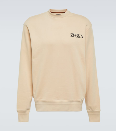 Zegna Logo Cotton Jersey Sweatshirt In Beige