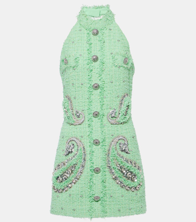 Balmain Verziertes Minikleid Aus Tweed In Green