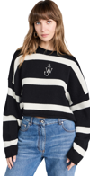 Jw Anderson Anchor Logo Striped Crop Cashmere Sweater In Black/white