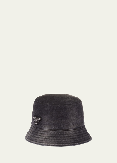 Prada Men's Triangle Logo Denim Bucket Hat In Black