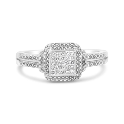 Haus Of Brilliance .925 Sterling Silver 1/4 Cttw Princess-cut Diamond Composite Ring With Beaded Halo In Grey