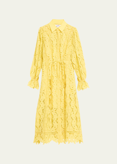 Evi Grintela Judy Blouson-sleeve Floral Lace Midi Shirtdress In Yellow