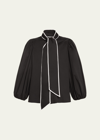 Alice And Olivia Lou Blouson Sleeve Bow Shirt In Black