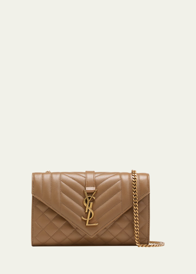Saint Laurent Envelope Triquilt Small Ysl Shoulder Bag In Smooth Leather In Dark Cork
