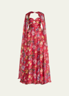 Marchesa Notte Cutout Floral-print Sweetheart Cape Gown In Fuchsia